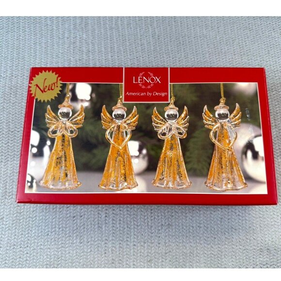 Lenox Gold Angels Set Of 4 Crystal Glass 3.5" Ornaments-#831449 in Box - Picture 1 of 9